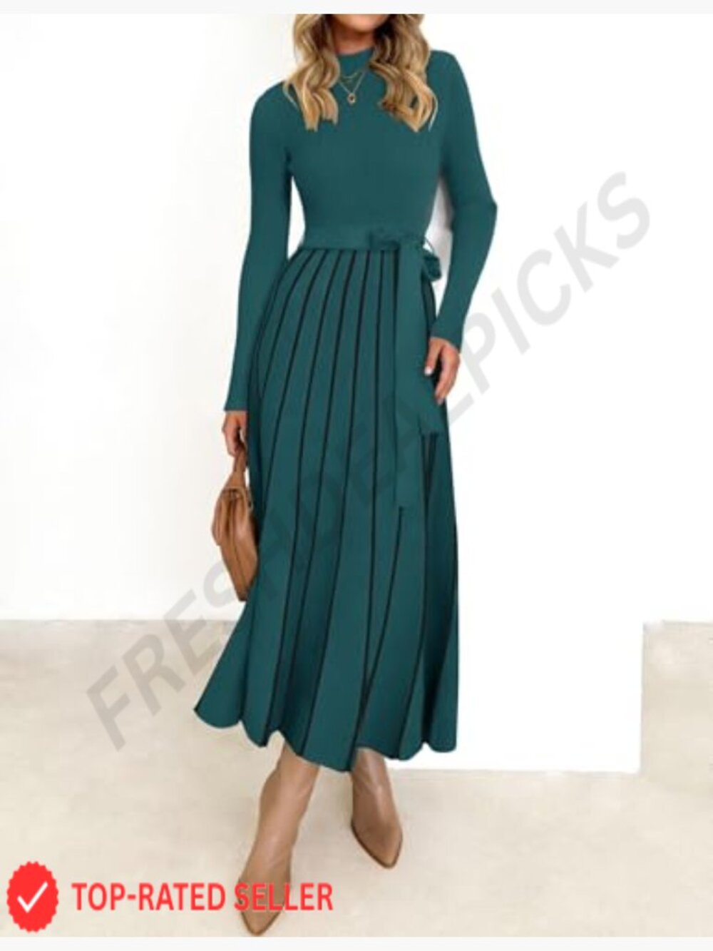 Turtleneck Long Sleeve Sweater Dress Tie Waist Casual Loose Ribbed Knit A Line - Picture 2 of 7